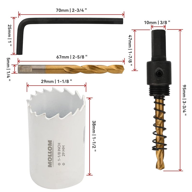 Mollom (29mm | 1-1/8") HSS M42 with 8% Cobalt BI-Metal Hole Saw with 2 Pilot Drill Bits & Arbor Smooth Cutting for PVC,Drywall,Wood,Plastic,Gypsum Board,Rubber - Image 2